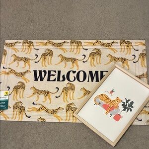 Cheetah Welcome Floor Door Mat + Decor Cheetah Frame 3D Wall Art Bundle